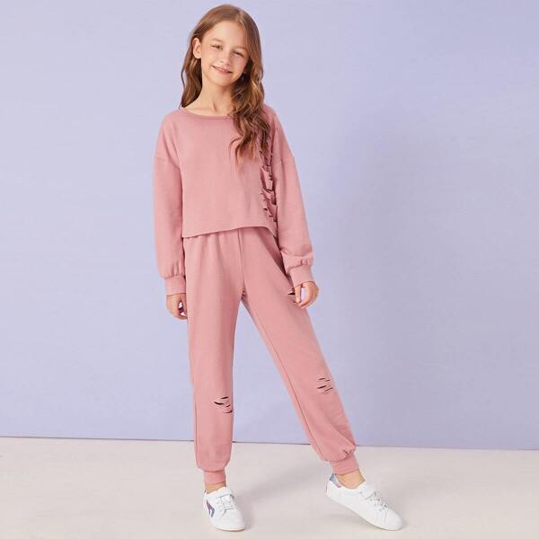 

Girls Drop Shoulder Ripped Sweatshirt and Sweatpants Set, Pink pastel