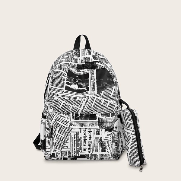 

Newspaper Adversiting Pattern Backpack, Black and white