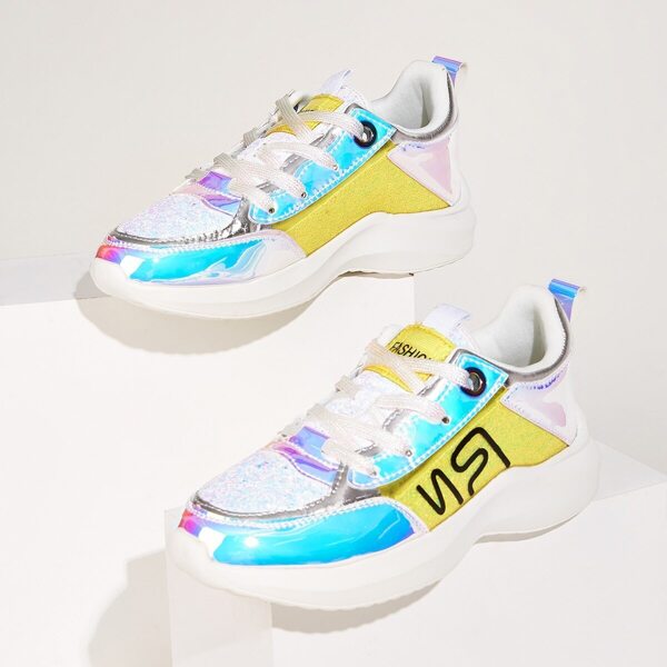 

Lace-up Front Holographic Panel Glitter Trainers, Multicolor
