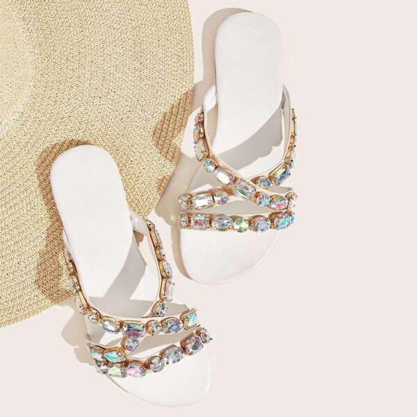 

Jewelled Decor Cross Strap Sliders, Multicolor