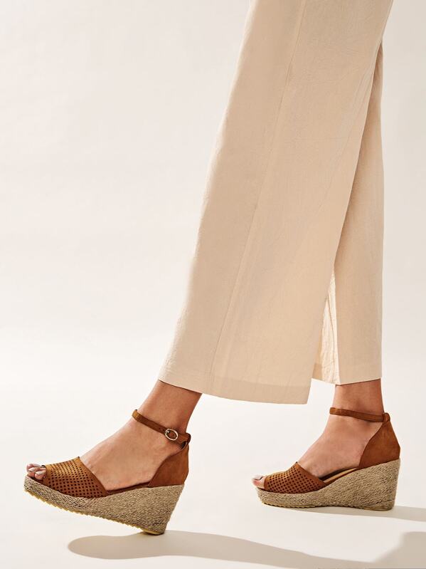 

Peep Toe Hollow Out Ankle Strap Wedges, Multicolor