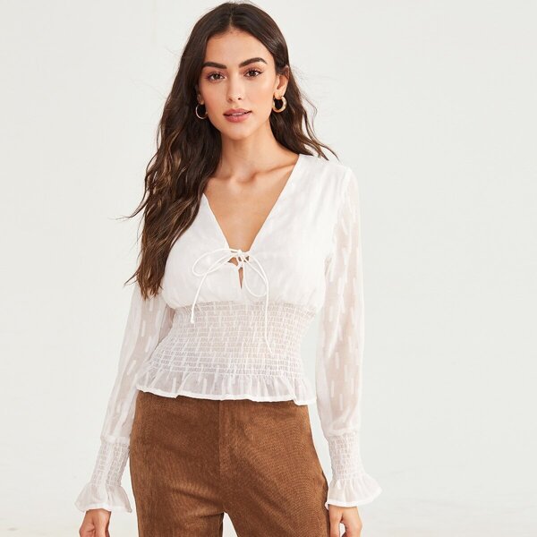 

Tie Front Shirred Ruffle Hem Flounce Sleeve Blouse, White