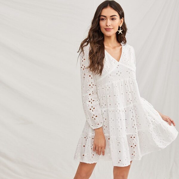 

Eyelet Embroidery V-Neck Ruffle Hem Dress