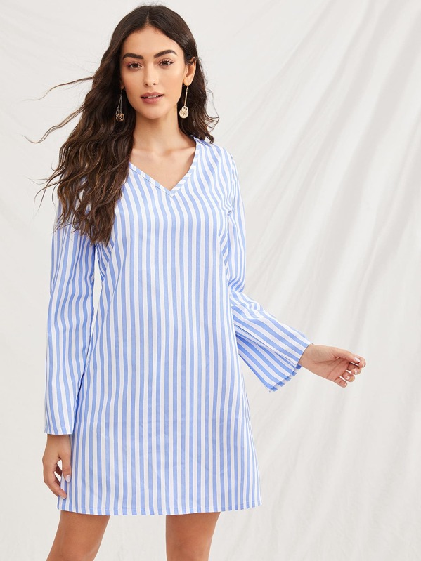 

V-Neck Striped Tunic Dress, Blue, Carol A