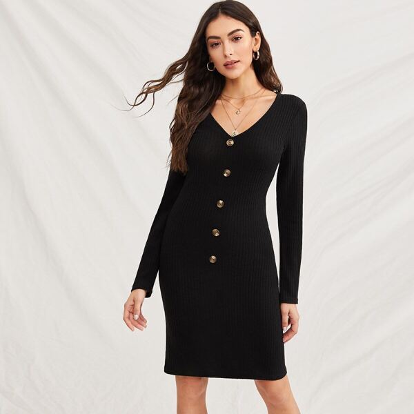 

Rib-Knit Button Sheath V-Neck Dress, Black