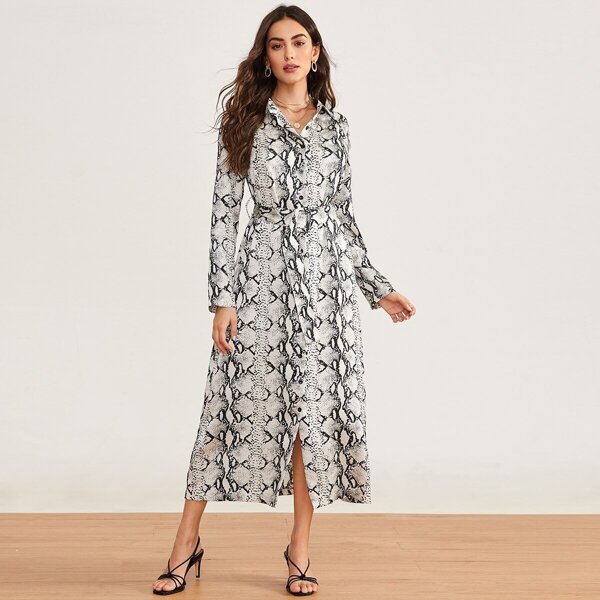 

Snakeskin Print Self Tie Shirt Dress, Black and white
