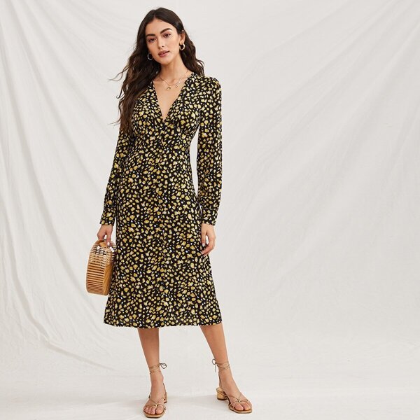 

Confetti Print High Waist V-Neck Dress