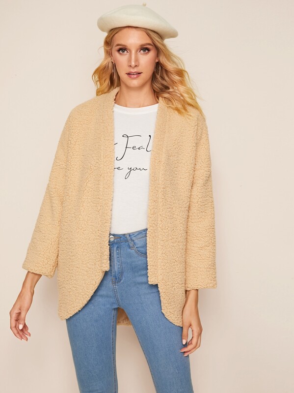 

Open Front High Low Hem Shearling Outerwear, Beige, Layson