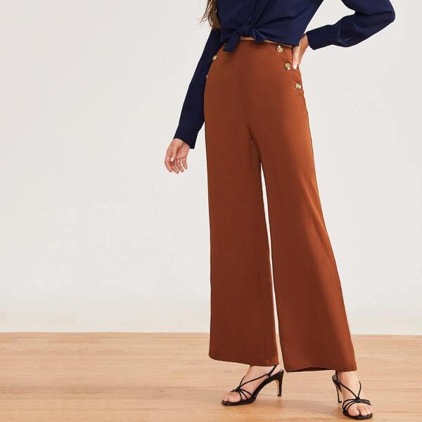 

Button Detail Wide Leg Pants, Brown