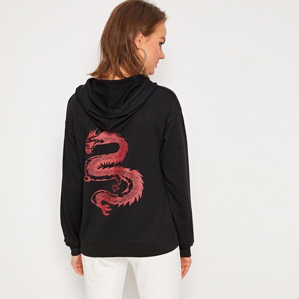

Dragon Print Drawstring Hooded Sweatshirt, Black