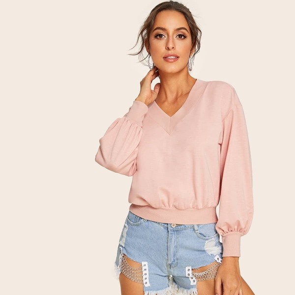 

Drop Shoulder V-Neck Sweatshirt, Pink