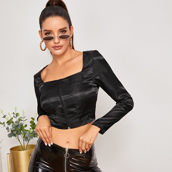 

Square Neck Zipper Satin Crop Top, Black