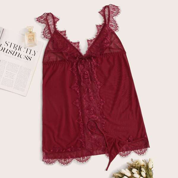 

Plus Contrast Lace Dress With Thong, Burgundy