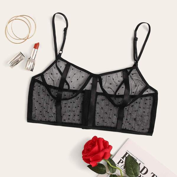 

Plus Polka Dot Sheer Mesh Bralette, Black