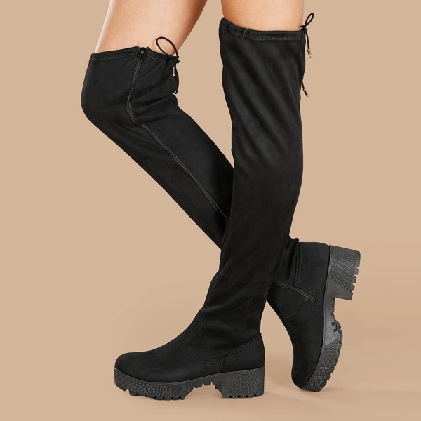 

Stretch Over The Knee Platform Boots With Lug Sole, Black
