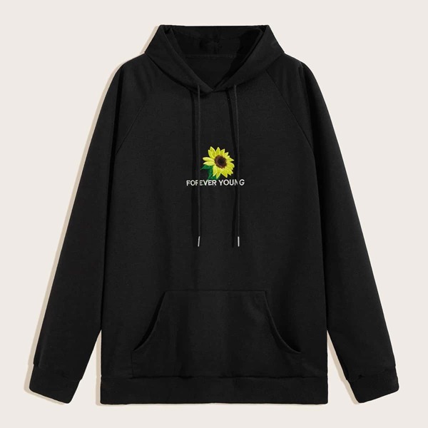 

Men Letter & Floral Embroidery Drawstring Hoodie