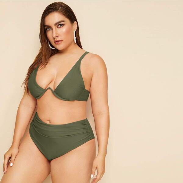 

Plus Underwire Top With High Waist Bikini Set, Army green