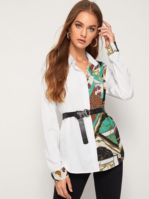 

Self Tie Contrast Chain Print Blouse, Multicolor, April
