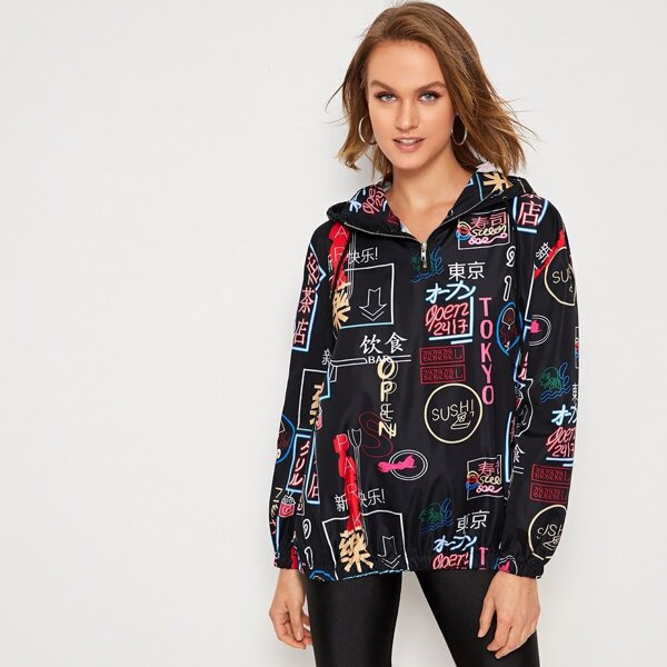 

Graphic Print Drawstring Hooded Windbreaker Jacket