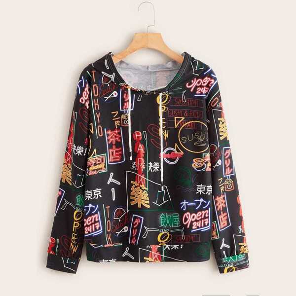 

Allover Graphic Print Drawstring Hoodie
