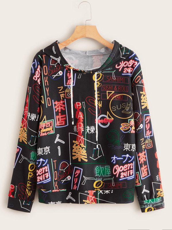 

Allover Graphic Print Drawstring Hoodie, Multicolor