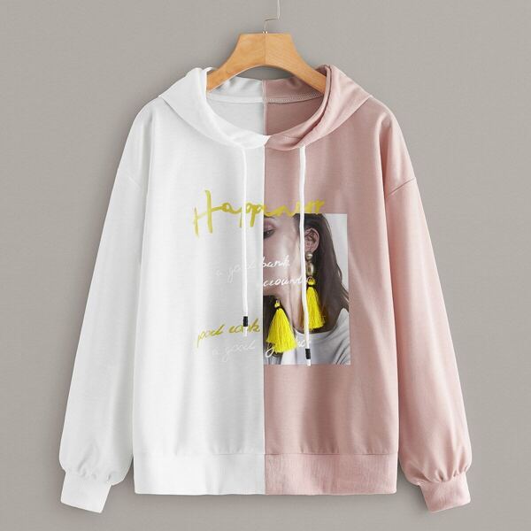 

Two Tone Figure & Letter Graphic Drawstring Hoodie, Multicolor