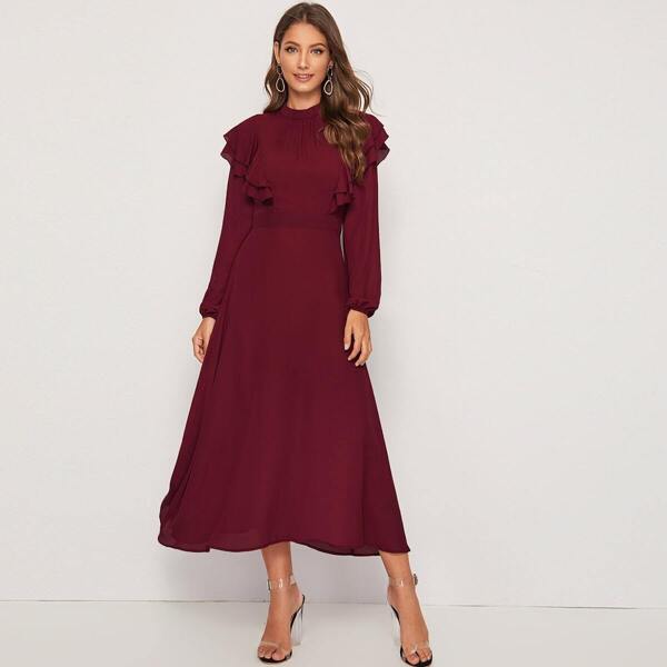 

Ruffle Layered Trim Bishop Sleeve Dress, Burgundy