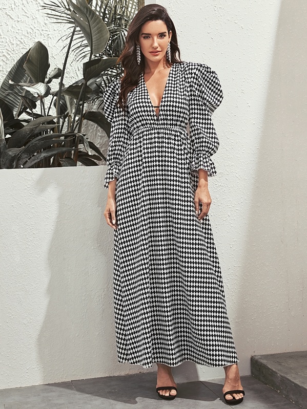 

Argyle Plunge Neck Puff Sleeve Dress, Black and white, Juliana