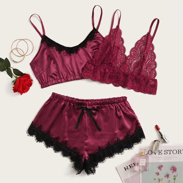 

Floral Lace Satin Lingerie Set 3pack, Burgundy