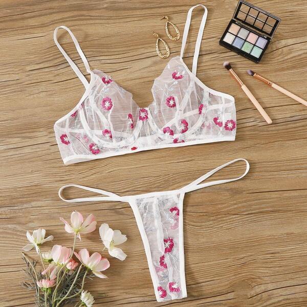 

Floral Embroidered Underwire Sheer Lingerie Set, White