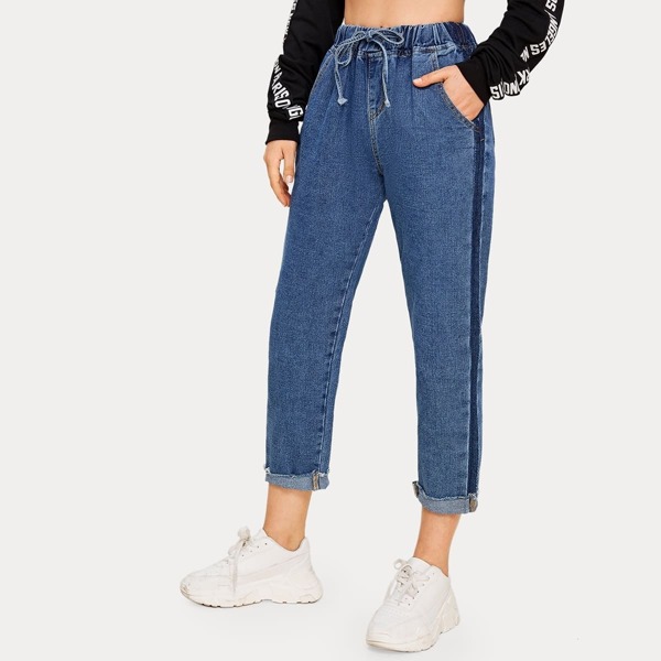 

Drawstring Waist Rolled Hem Boyfriend Jeans