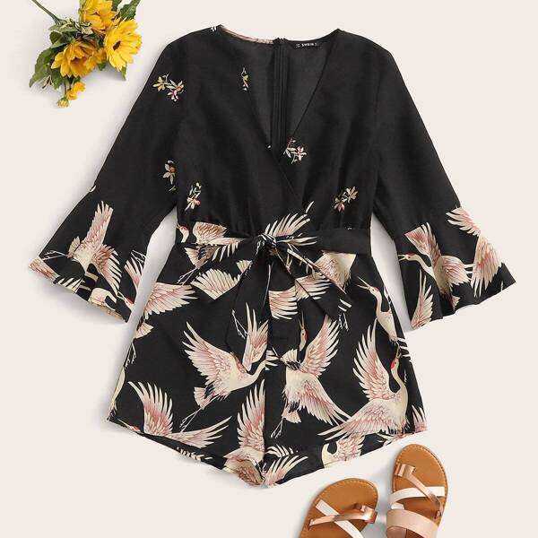 

Bell Sleeve Crane Print Belted Romper