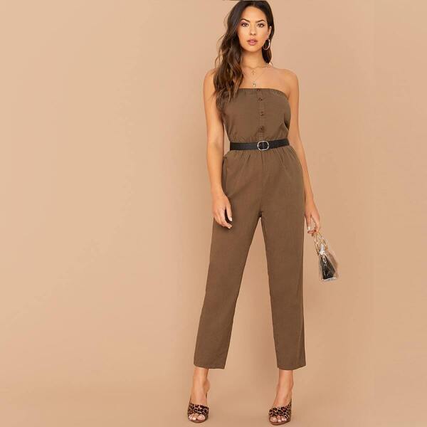 

Button Detail Elastic Waist Tube Jumpsuit Without Belt, Brown