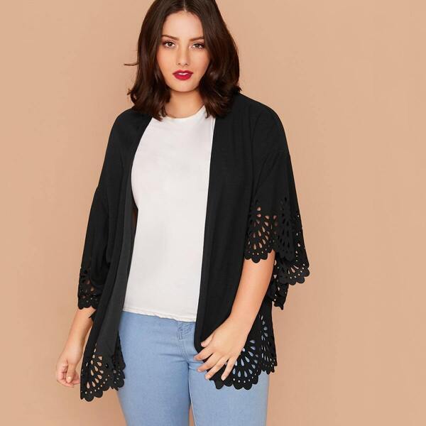 

Plus Open Front Laser Cut Kimono, Black