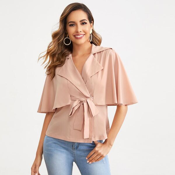 

Solid Flounce Sleeve Belted Notched Coat, Pink pastel