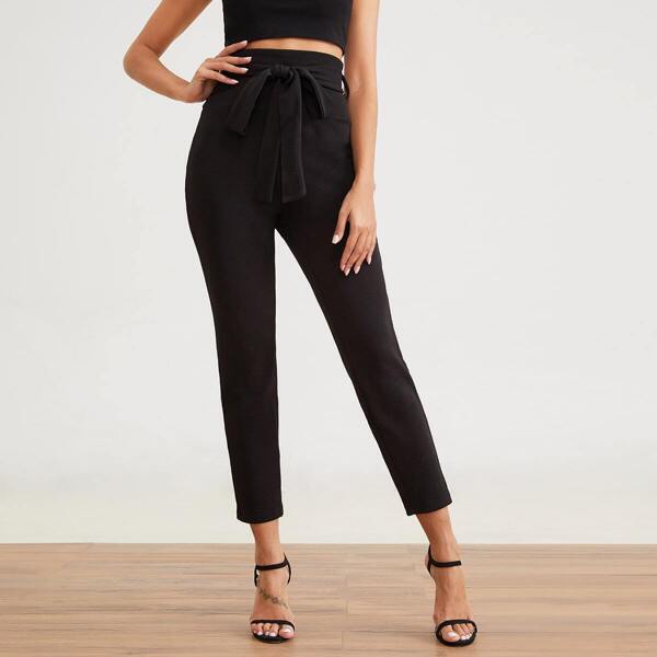 

High Waist Belted Crop Pants, Black
