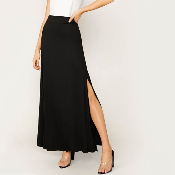 

Elastic Waist Split Thigh Flare Skirt, Black