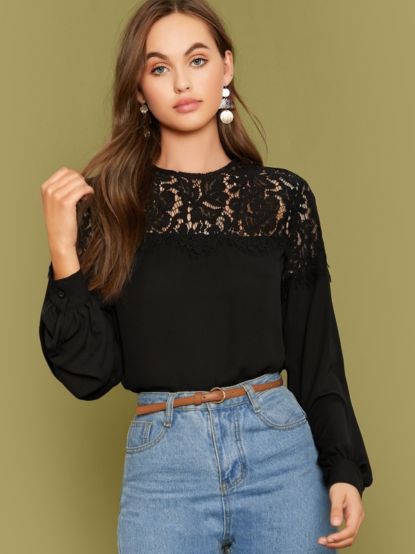 

Lace Yoke Solid Top, Black, Lily Easton