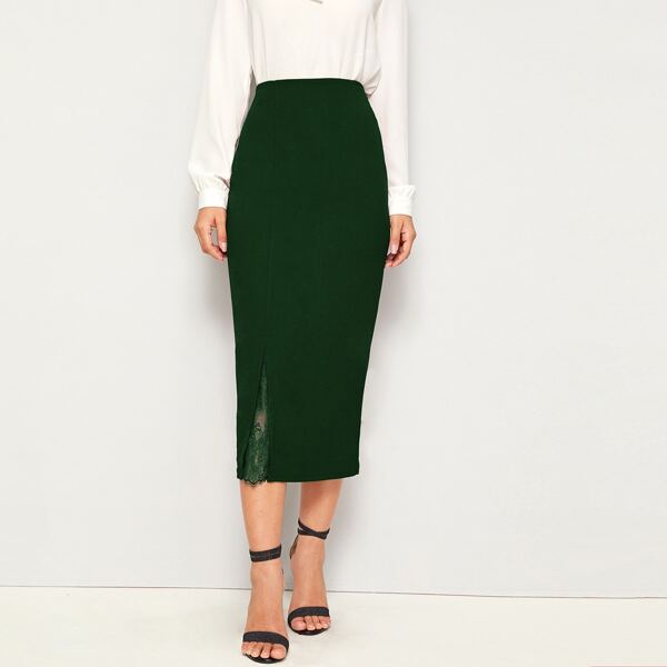 

Lace Insert Pencil Skirt, Green