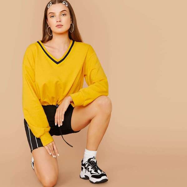 

Striped V-neck Drawstring Hem Pullover, Yellow bright