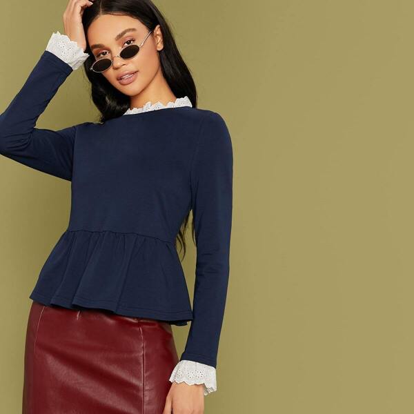 

Contrast Schiffy Trim Peplum Sweatshirt, Navy