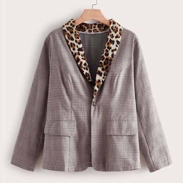 

Plus Leopard & Plaid Shawl Collar Blazer, Grey
