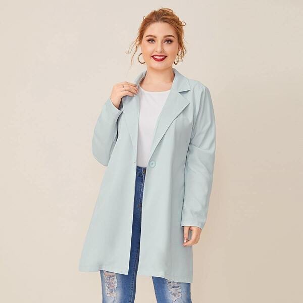 

Plus Solid Single Button Longline Blazer, Blue pastel