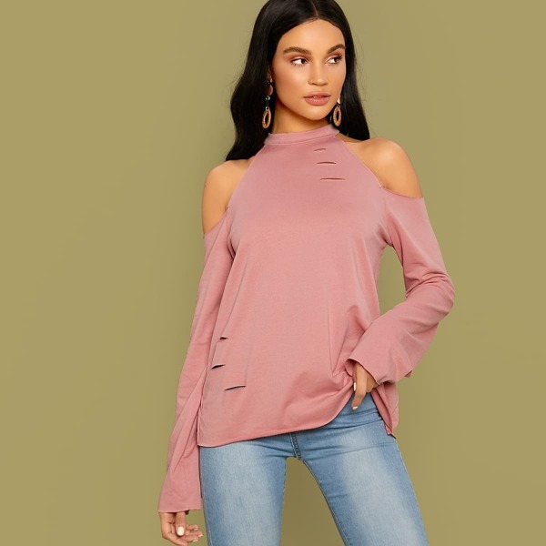 

Cold Shoulder Cutout Detail Sweatshirt, Pink pastel