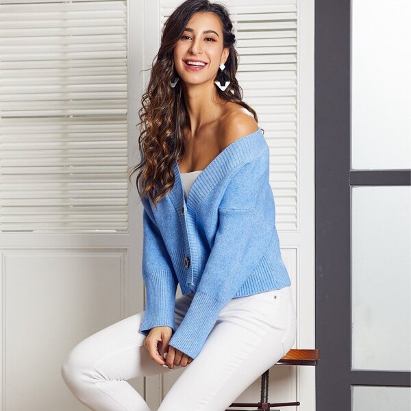 

SBetro Drop Shoulder Rib-knit Cardigan, Blue pastel