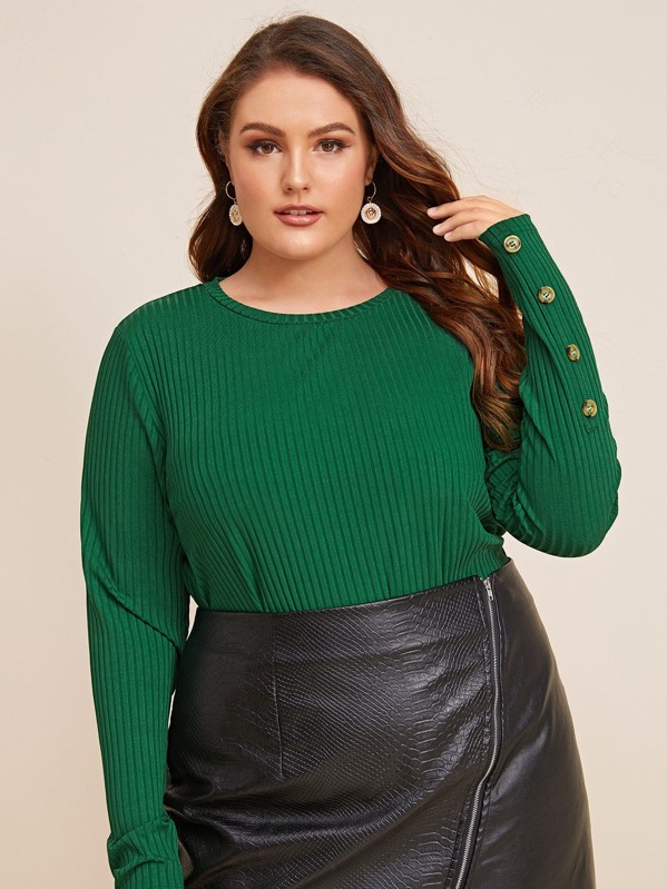 

Plus Rib-knit Button Detail Sweater, Green, Stanis