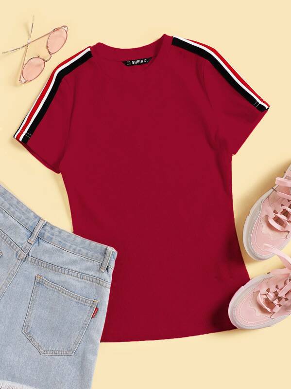 

Striped Tape Side Sleeve Top, Burgundy