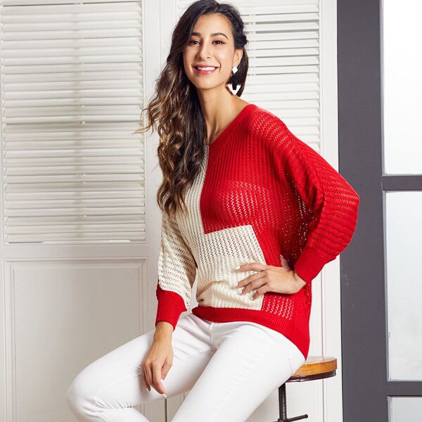 

SBetro Open Stitch Color-block Sweater, Multicolor bright