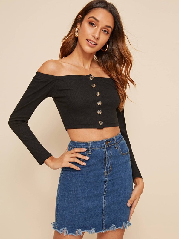 

Off Shoulder Button Front Rib-knit Top, Black, Gabi B