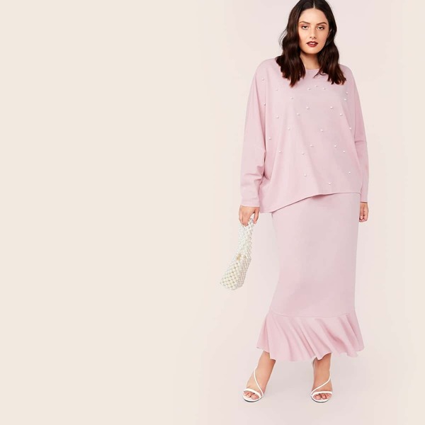 

Plus Drop Shoulder Pearls Top & Split Ruffle Hem Skirt Set, Pink pastel